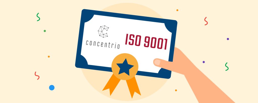 A hand holds an ISO 9001 certificate with the Concentrio logo.